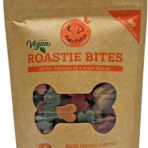 maks'patch roastie bites vegan dog training treats 100g – three roast flavours, grain free, hypoallergenic, low fat, plant based