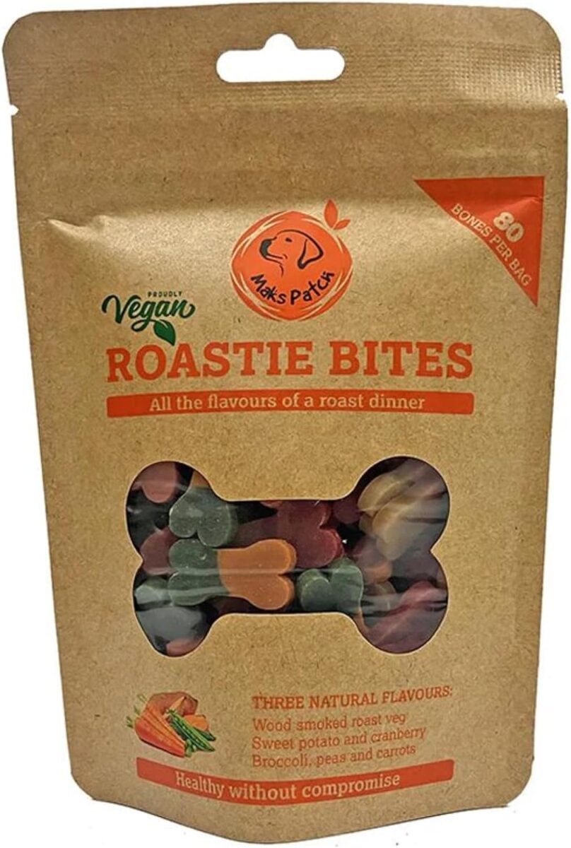 maks'patch roastie bites vegan dog training treats 100g – three roast flavours, grain free, hypoallergenic, low fat, plant based