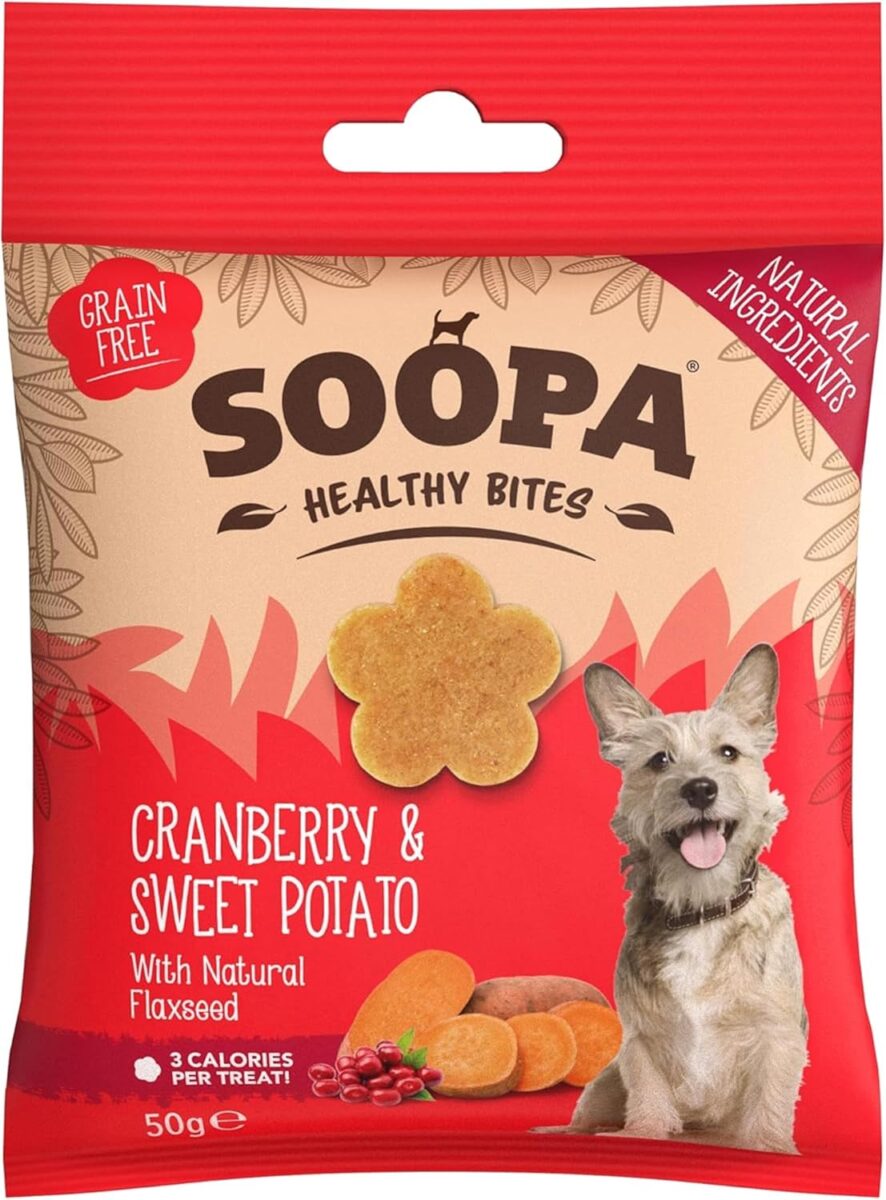 soopa cranberry & sweet potato healthy bites training treats, low calorie, superfood, vegan, 50 g, 1 pack