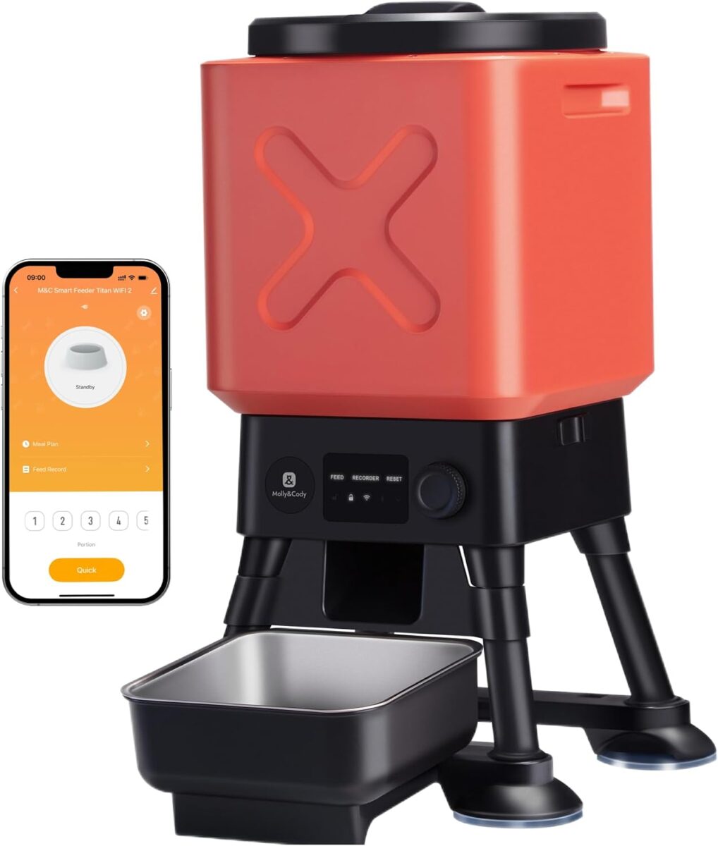 automatic dog feeder for large dogs, 14l capacity, remote feeding, anti blockage system, timed auto dog food dispenser, 2.4g wifi app control，dual power supply,stainless steel bowl